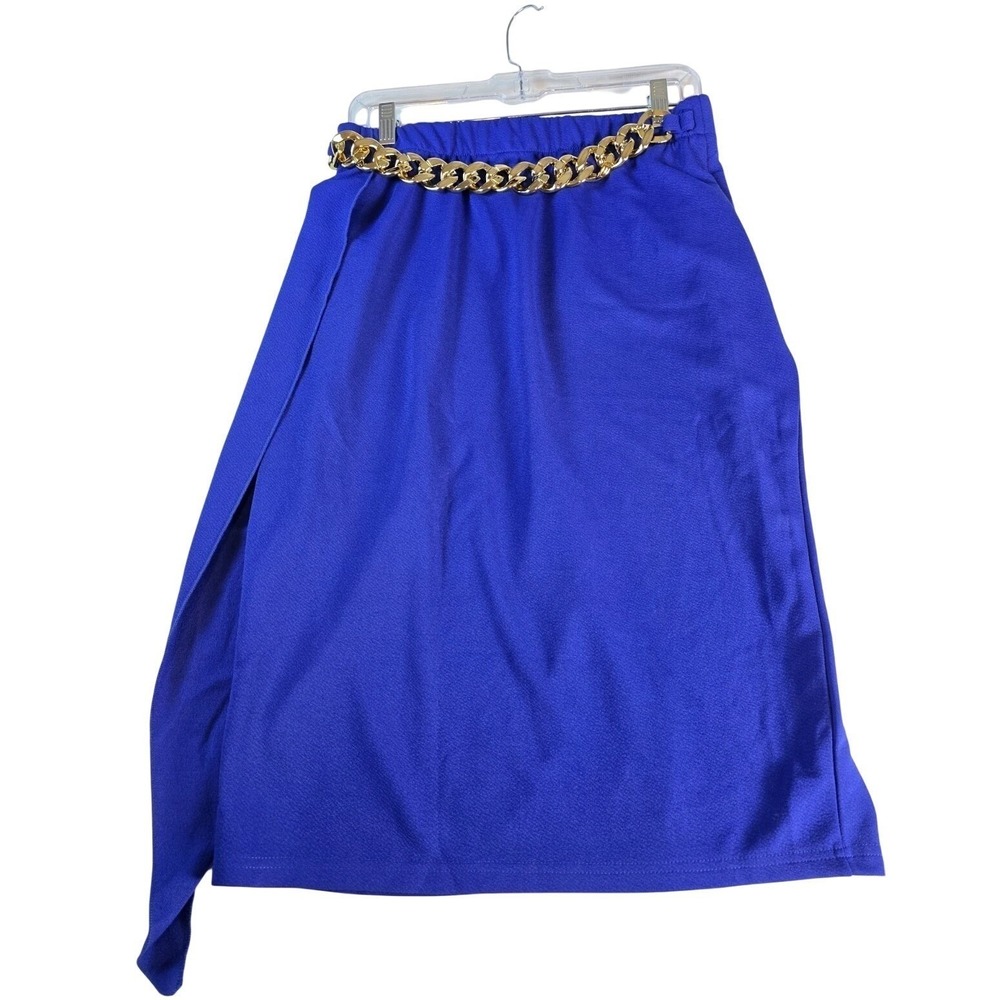 SHEIN Royal Blue Chain Waist Asymmetrical Slit Midi Skirt size 12 Gold Detail